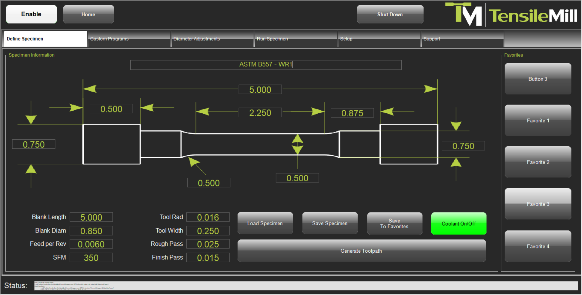 TensileSoft™ showing ASTM E8 for Round Tensile Sample Preparation Drawing